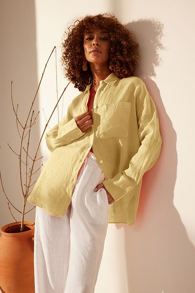 Trendyol Collection Żółta koszula oversize ze 100% lnu - TWOSS23GO00443