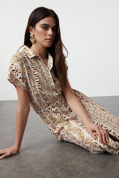 Trendyol Collection Φόρεμα με έθνικ μοτίβο λευκό μίντι πουκάμισο - ζωσμένο, υφαντό, TWOSS24EL00957
