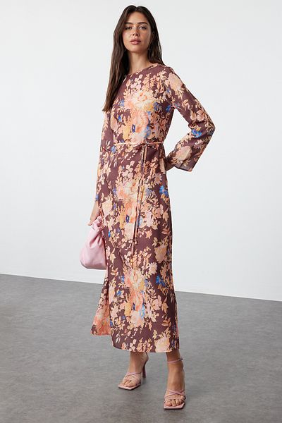 Trendyol Modest Φόρεμα από λινό υφασμένο λουκ - Καφέ λουλουδάτο μοτίβο TCTSS24EB00223