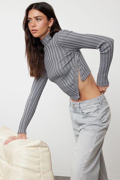 Trendyol Collection Anthracite Stand Collar Super Crop Knitwear Sweater - TWOAW24KZ00264