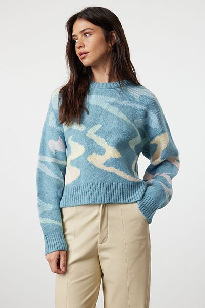 Trendyol Collection Μαλακό πλεκτό πουλόβερ με μπλε αφηρημένο σχέδιο - TWOAW25KZ00006