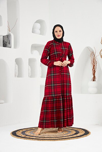 Hülya Keser Selis Ekose Desenli Elbise - Kırmızı