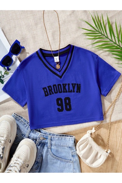LePold Кратка тениска с щампа Brooklyn с V-образно деколте - момиче
