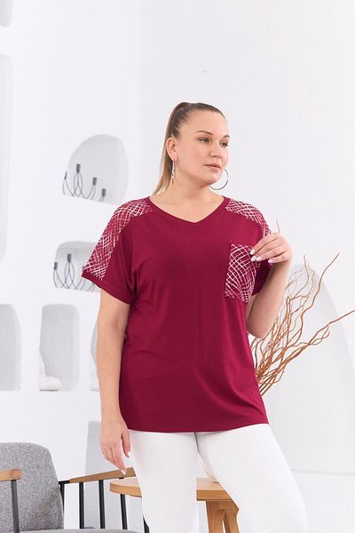 RMG Large Size Claret Red T-Shirt with Pocket and Shoulder Detail