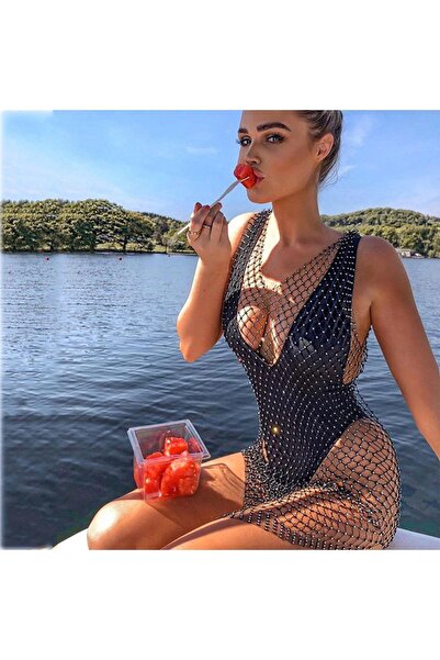 pink and pink Siyah Parlak Taşlı Uzun File Pareo