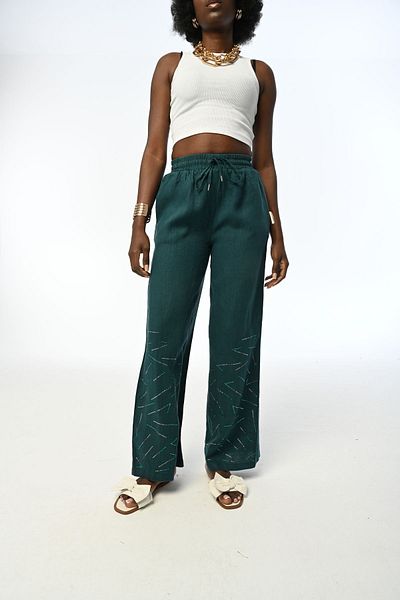 Orfeo Negro WOMEN'S COMFORTABLE CUT KNEE BOTTOM PETROL COLOR TROUSERS