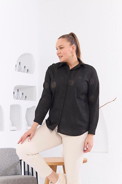 RMG Plus Size Black Shirt - Perforated and Lace Detailed