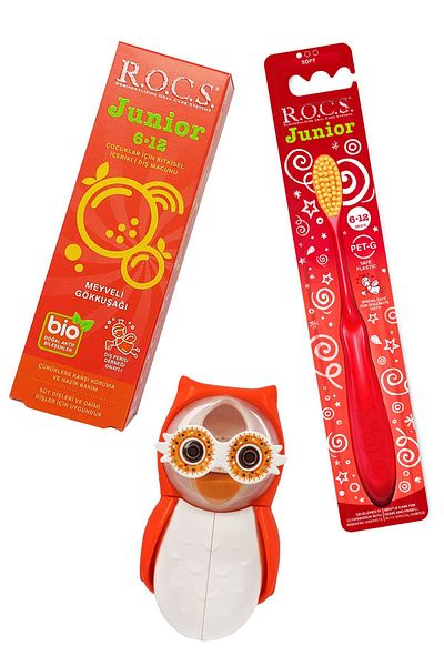 R.O.C.S. 6-12 Care Set - Orange Owl, Rainbow Toothpaste and Red Toothbrush Owl Storage Container