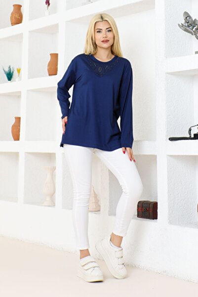 nacar çarşı Kadın Mavi Likralı Uzun Kol Önü Desenli Anne Penye Bluz Anneler Günü Özel Gün