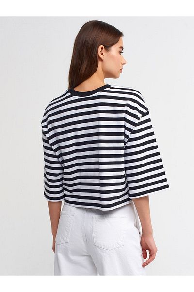 Dilvin 30282 Striped Crew Neck Crop Tshirt-Black