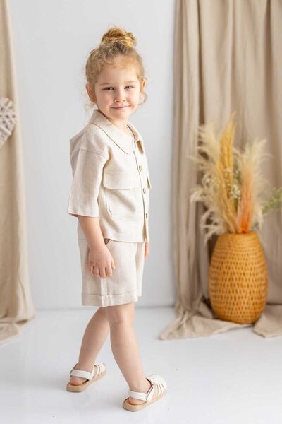 Oliven The Kid Beige Linen Baby Collar Front Buttons with Flap Pockets Short Sleeve Girl's Jacket