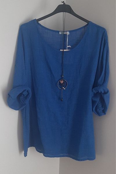 AYASOFYA OTANTIK Bluză de damă italiană albastră oversize casual cu accesorii colier