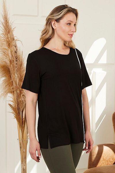 RMG Large Size Black T-Shirt with Pockets - Stripe Detail