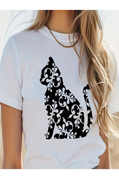 CLASSY.MODA قميص تيشرت سوبريم للنساء - أبيض مطبوع قصة فضفاضة برقبة دائرية وأك...