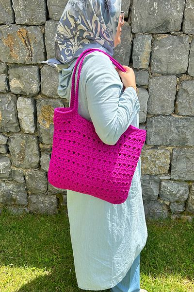 Mamas Bestie Μωβ Fan Knitted Beach Shoulder Bag - Χειροποίητη, Μεγάλο Μέγεθος