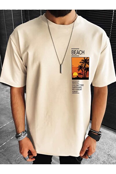 coolart Tricou Bej Oversize Sunset - Tricou de vară cu mânecă scurtă și decol...