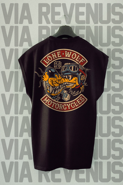 Vordevia Lone Wolf - Tricou sport negru cu imprimeu pe spate pentru motociclist