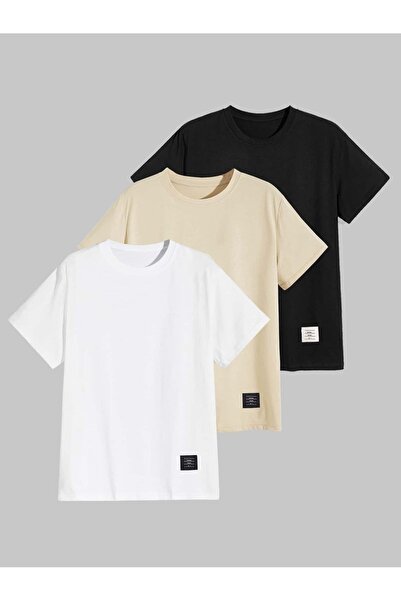 coolart Σετ 3 υπερμεγέθη μπλουζάκια - Τετράγωνο σχέδιο, Μαύρο Μπεζ Λευκό, Λαι...