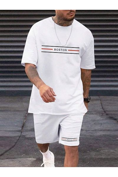 Cool Art Boston Striped Logo T-Shirt Shorts - White Bottom Top Team Shorts T-Shirt Combo Printed Crew Neck
