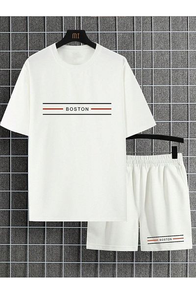 Cool Art Boston Striped Logo T-Shirt Shorts - White Bottom Top Team Shorts T-Shirt Combo Printed Crew Neck