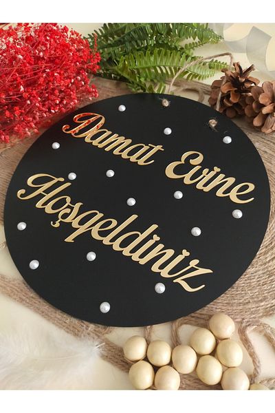 fabrikahşap Groom's Home - Welcome Written with Pearl Door, Wedding and Engagement Ornament, for Special Day
