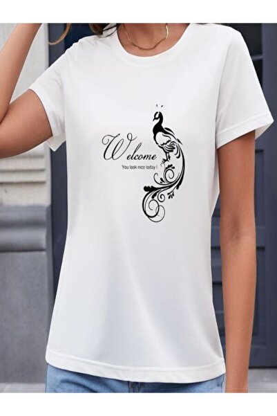 CLASSY.MODA تي شيرت نسائي من جيرسي واحد - تي شيرت أبيض مطبوع كبير الحجم بياقة...