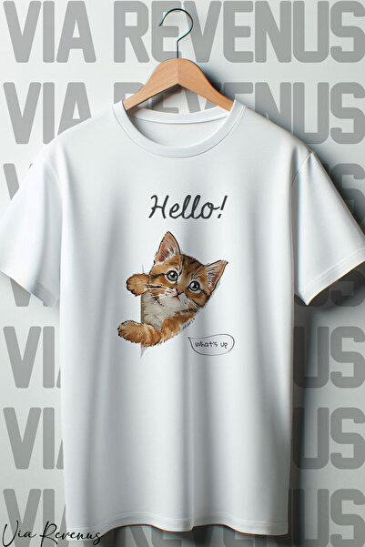 Vordevia Bela Oversize kroj T-shirt - mačka Štampano Zdravo, šta ima?