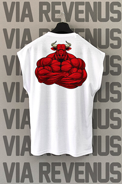 Vordevia White Sports T-Shirt - Gym Bull, Back Print, Zero Sleeve