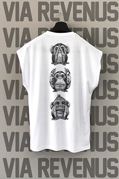 Vordevia Tricou sport alb cu imprimeu maimuță - 3 imprimeuri pe spate, mâneci...