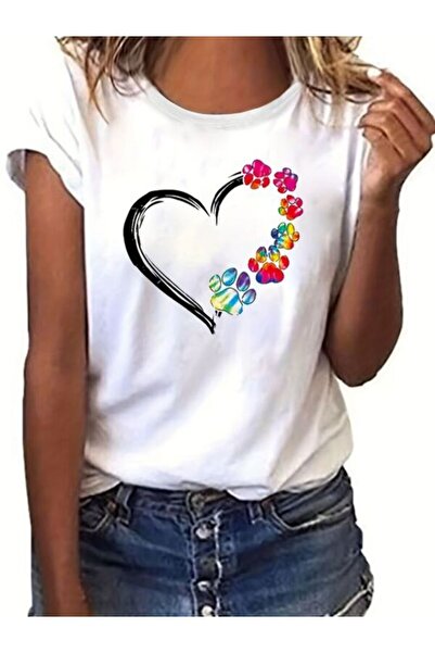 CLASSY.MODA تي شيرت نسائي من جيرسي واحد - تي شيرت أبيض مطبوع كبير الحجم بياقة...