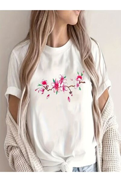 CLASSY.MODA تي شيرت نسائي من جيرسي واحد - تي شيرت أبيض مطبوع كبير الحجم بياقة...