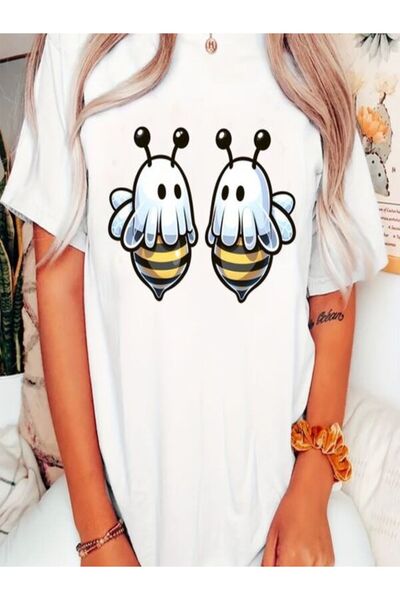 CLASSY.MODA تي شيرت نسائي من جيرسي واحد - تي شيرت أبيض مطبوع كبير الحجم بياقة...