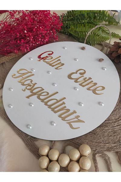 fabrikahşap Welcome Written Bridal Door with Pearls - Ornament for Wedding and Engagement