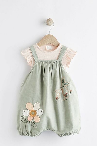 Next Baby Salopet Bodysuit Set - Cotton, Green Floral Embroidered