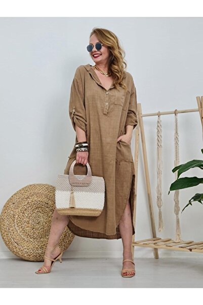 AYASOFYA OTANTIK Γυναικείο λινό φόρεμα με λεπτομέρεια με κουμπιά και τσέπες