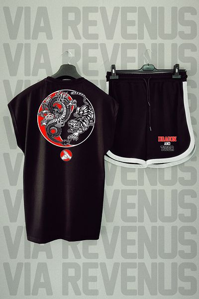 Vordevia Crew Neck Black Sports T-shirt and Shorts - Dragon and Tiger Print, Stylish and Comfortable Set