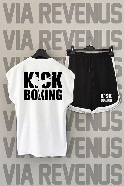 Vordevia Kick Boxing - Crew Neck White and Black Sports Set, Zero Sleeves and Back Print
