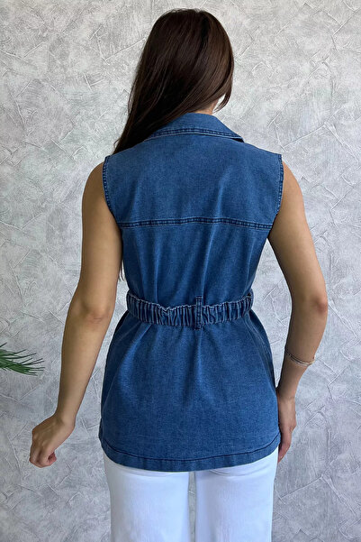GÜLSELİ Navy Blue Women's Lycra Jean Vest with Pockets and Waist Belt