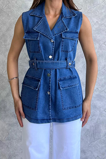 GÜLSELİ Navy Blue Women's Lycra Jean Vest with Pockets and Waist Belt