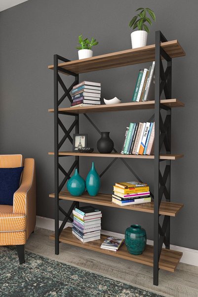 Tiryaki Aksesuar Evşehri Metal Paris Kitaplık 5 Raflı Ceviz 90 Cm