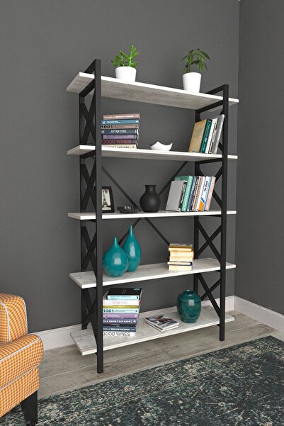 Tiryaki Aksesuar Metal Paris Kitaplık 5 Raflı Antik Beyaz 90 Cm