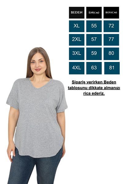 Trendbade Butik Women's V-Neck Large Size T-shirt GRAY