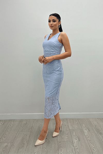 giyimmasalı Ice Blue Patterned Lace Pencil Dress