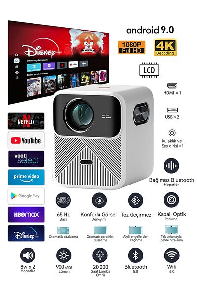 wanbo Mozart 1 إلى Full HD 1080P، 4K HDR، 900 ANSI HDMI ARC جهاز عرض Android 2G+32G WiFi 6