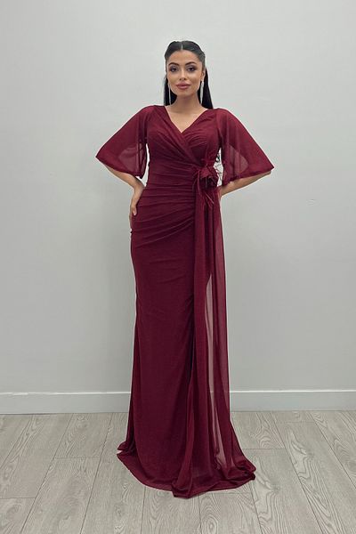 giyimmasalı Burgundy Fish Dress - Glitter Fabric and Rose Shawl Detail