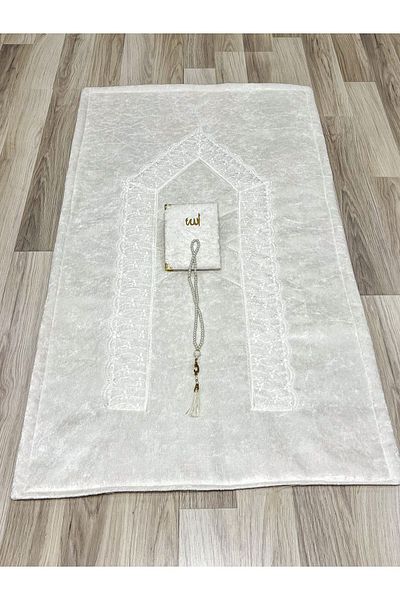 AYHANHOME 3 Piece French Guipure Embroidered Velvet Dowry Bridal Set Prayer Rug