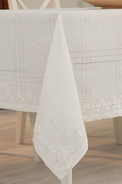 Tropikhome Dantelli Keten Efektli Leke Tutmaz Lüks Masa Örtüsü 160x220 Cm Krem