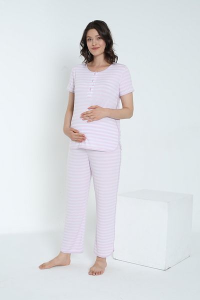 Miss Dünya Lissa Striped Crew Neck Short Sleeve Pajamas Set for Pregnant and Maternity Suitable for Breastfeeding