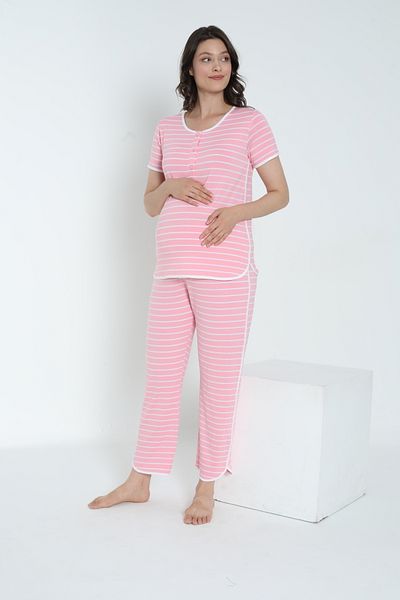 Miss Dünya Lissa Striped Crew Neck Short Sleeve Pajamas Set for Pregnant and Maternity Suitable for Breastfeeding
