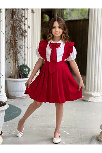 Sahil Collection Tak Çıkart Fiyonk Gravat Aksesuarlı Gömlek Li Kırmızı Kız Çocuk Elbise Takım (TASARIM)